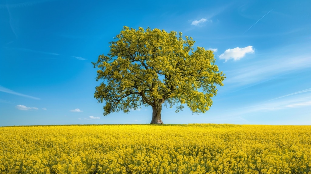 AI artwork: oak tree in the midst of a field of blooming mustard plants. Greens, yellows, blue sky.