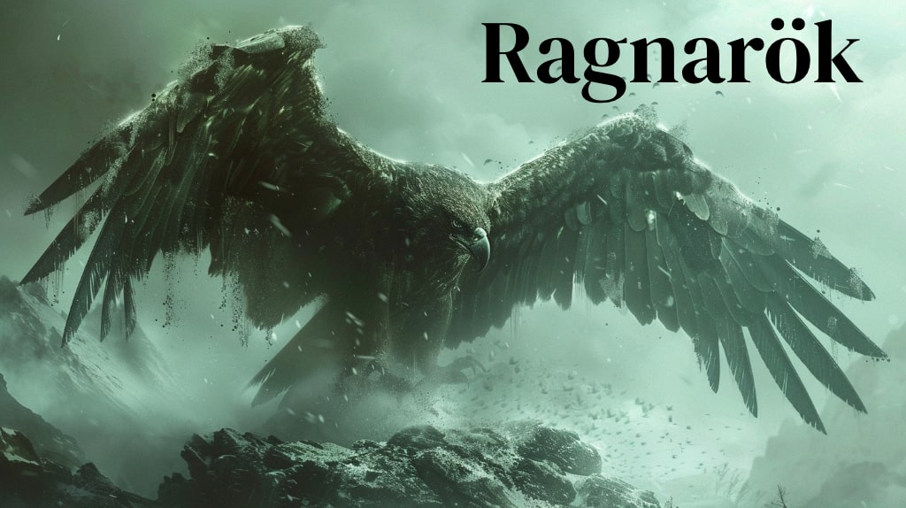eagle with words Ragnarök - in green and grey tones