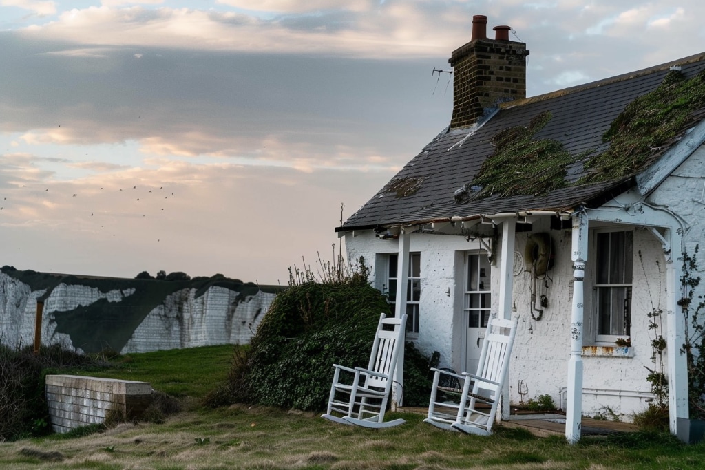 chalk cliffs, white cottage, 2 rocking chairs outside on the lawn