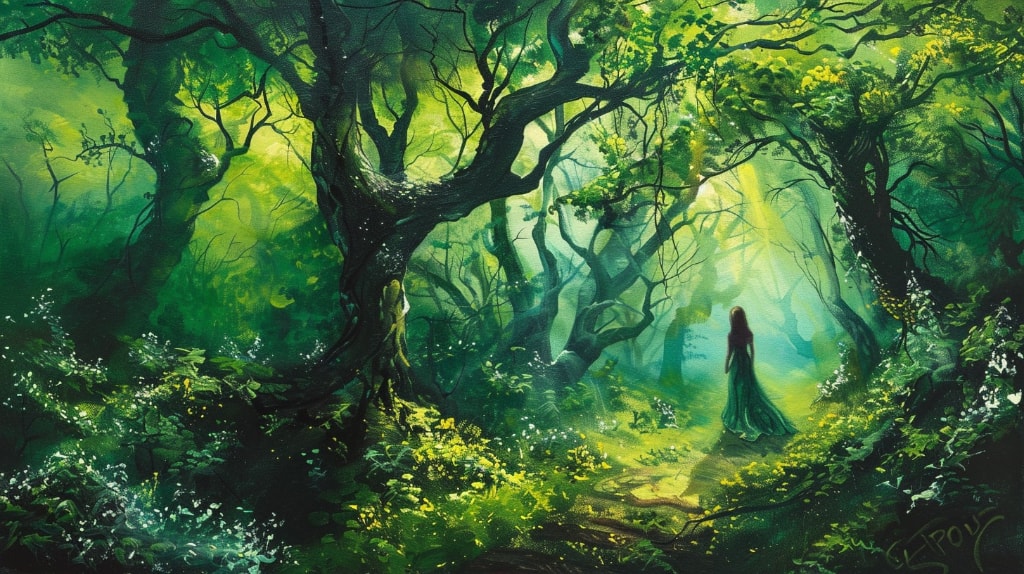 AI art: green tones, dappled light, oak forest, female wood nymph, Dryad