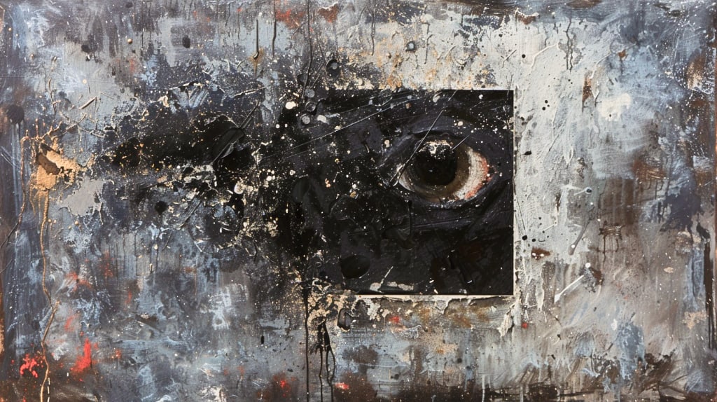 abstract painting with framed eye, colours in black white greys and orange
