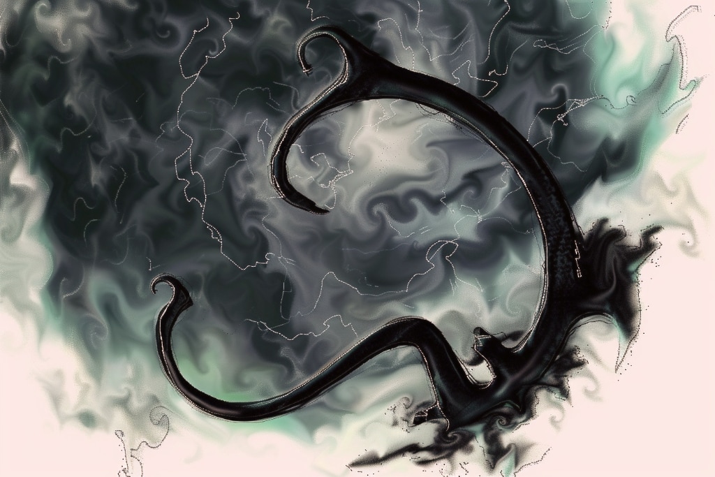 AI abstract art in blacks, grey, blue with theban symbol