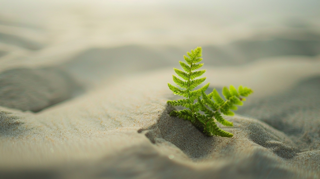 AI art, fern growing on a sand dune