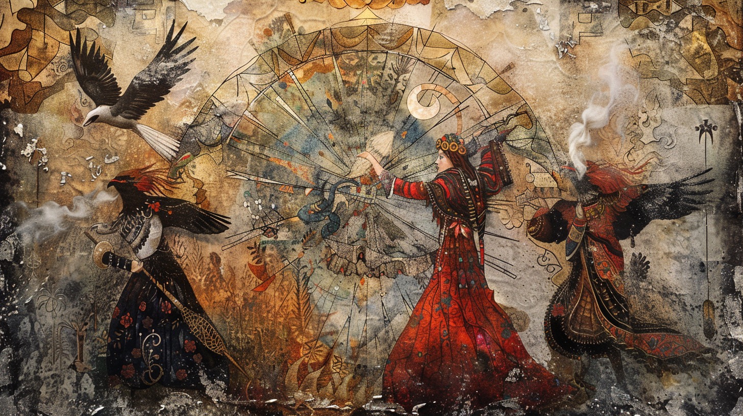 AI art: three figures in long robes, Horis, birds, feathers, witch's wheel