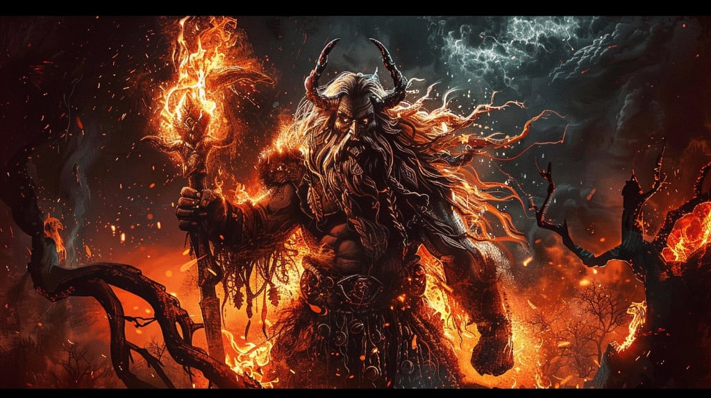 Sartr as Primordial Fire, flames horned, forest burning