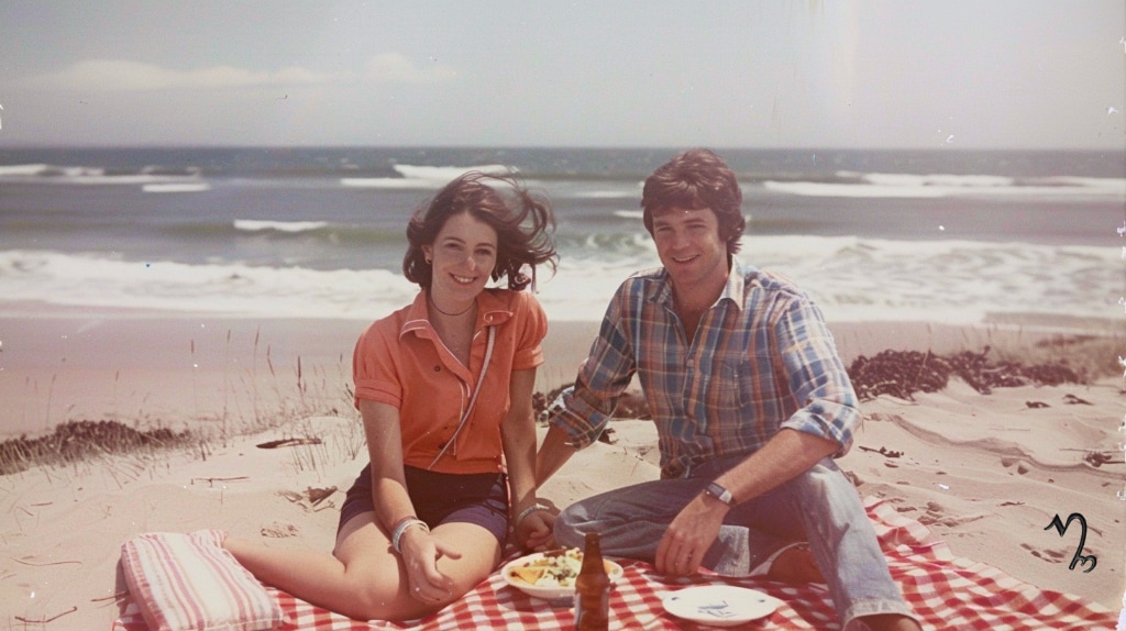 young woman and man at the beach having a picnic