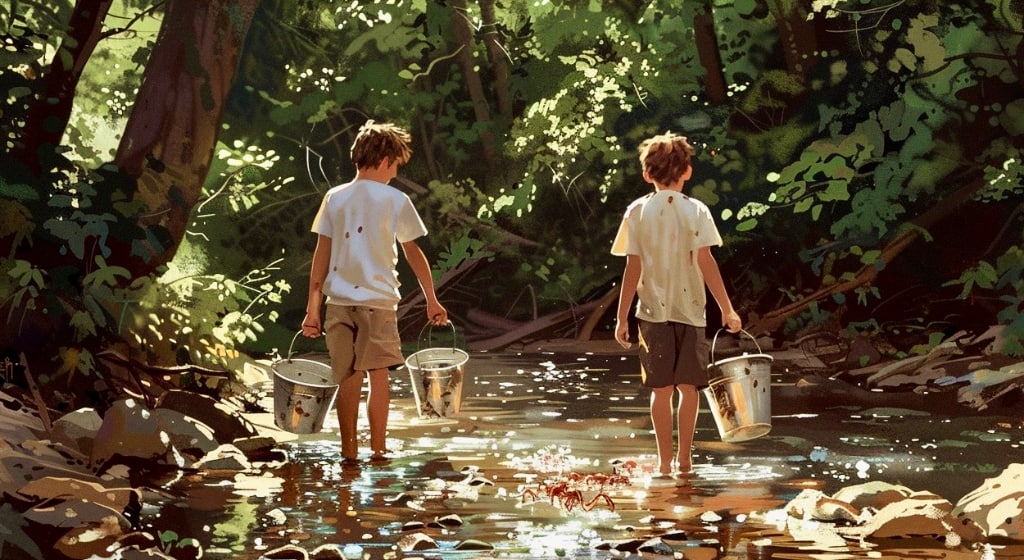 AI: two boys in shorts and t-shirts wading in a creek, holding buckets filled with crayfish