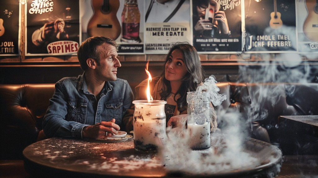 woman and man sitting at a table in a cafe with candle burning and smoking heavily