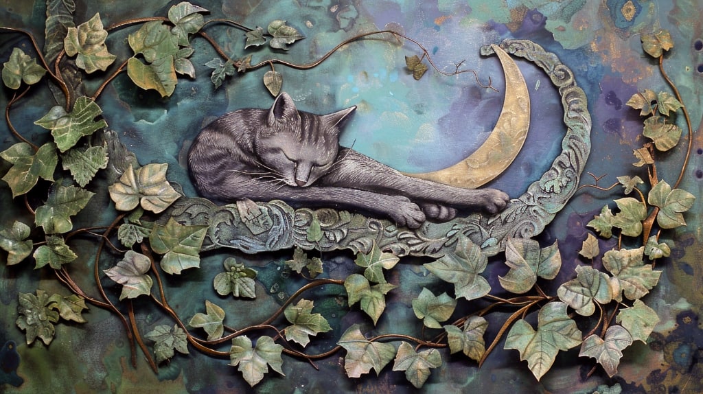 cat asleep in the ivy with the moon in the background