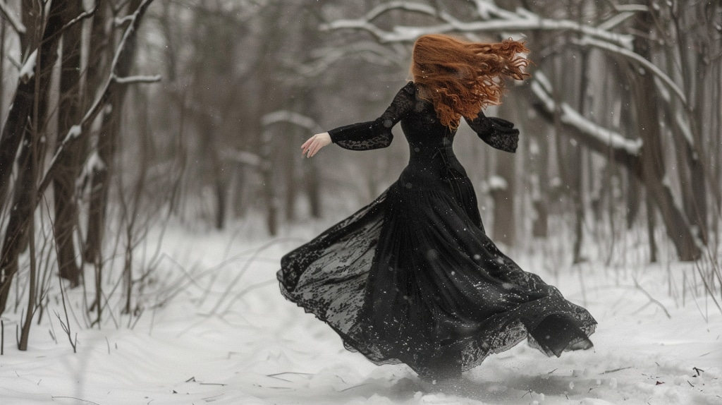 a woman with red hair, facing away, wearing a long black dress and dancing in the snow.