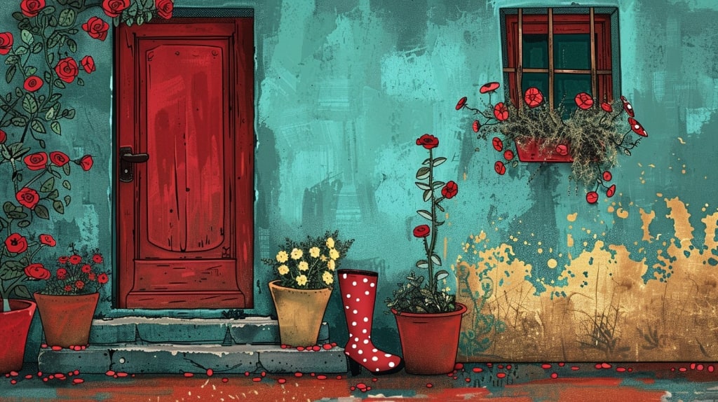 red front door, climbing rose, red polka dot boots, house is a blue colour