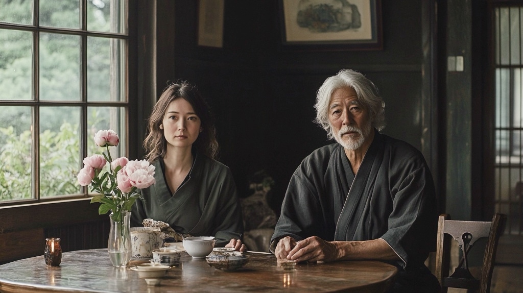 ai artwork, elderly Japanese man in traditional clothing sitting next to a young woman with dark hair. On the table food and cups of tea and a vase with pink peonies, the table is next to a tall multi-pane window , the walls are dark green