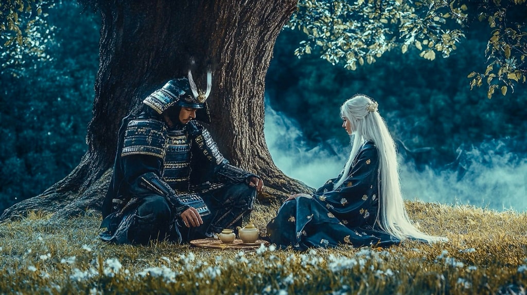 a samurai and Brigid sitting at the base of a tree having a tea ceremony.