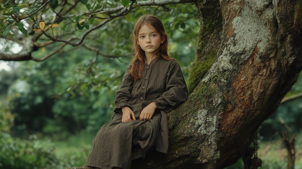 ai art, a young girl sitting on a tree branch in a forest