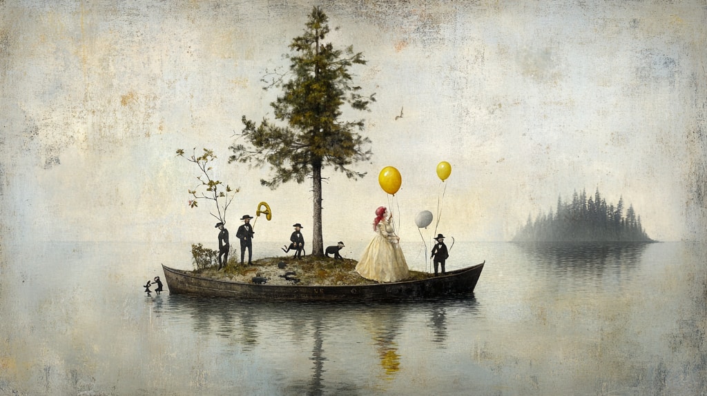 fantasty painting of weird looking characters on a small island with one pine tree