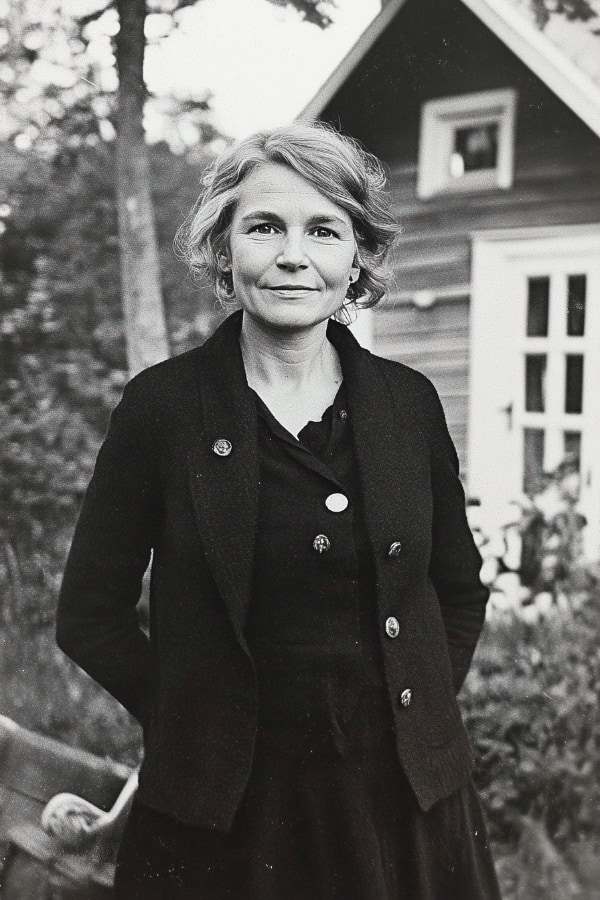 B&W photo of woman standing in front of a house.
