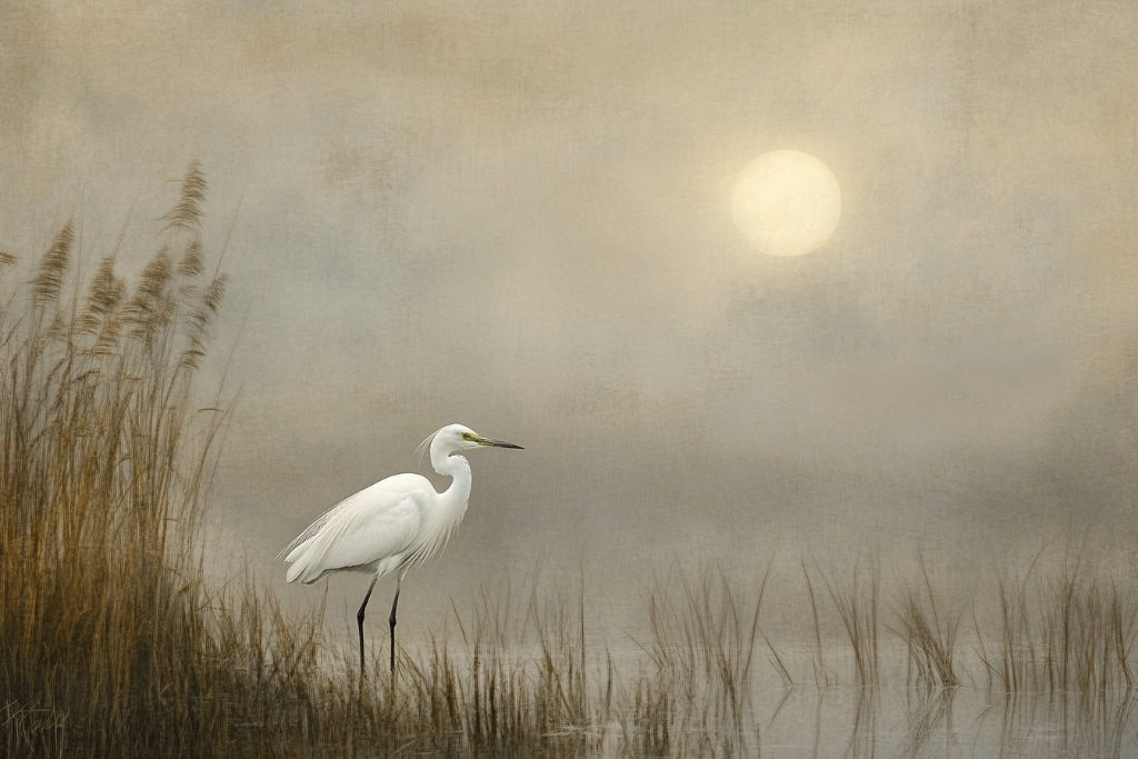 ai art: a white heron standing in a saltwater marsh looking at the moon