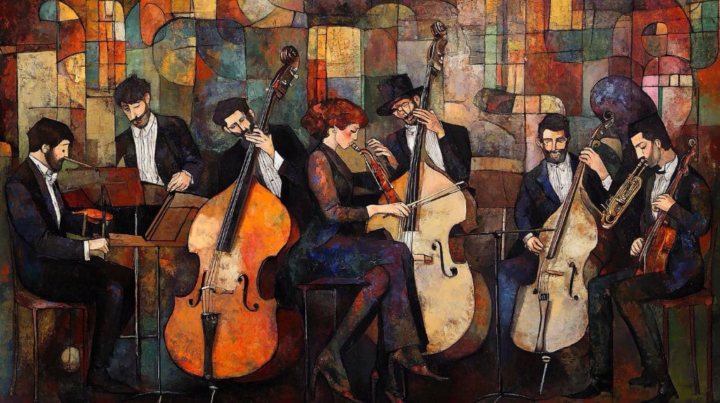 image of band playing cello, double base, horns. In style of Paul Klee