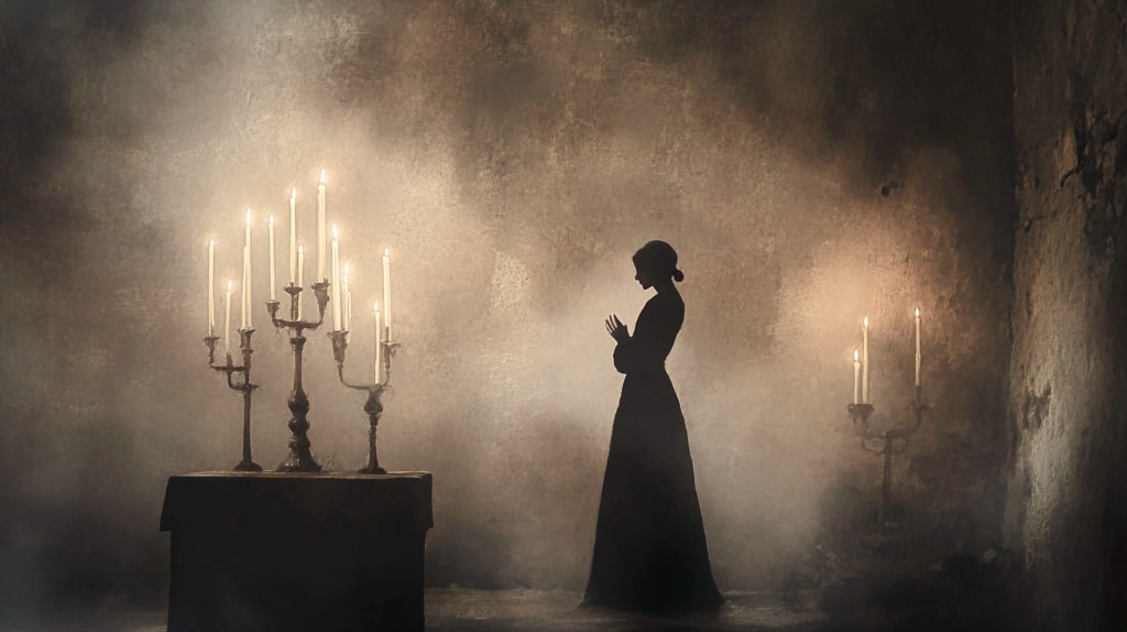 woman in a dark foggy room with tall lit candles on a table
