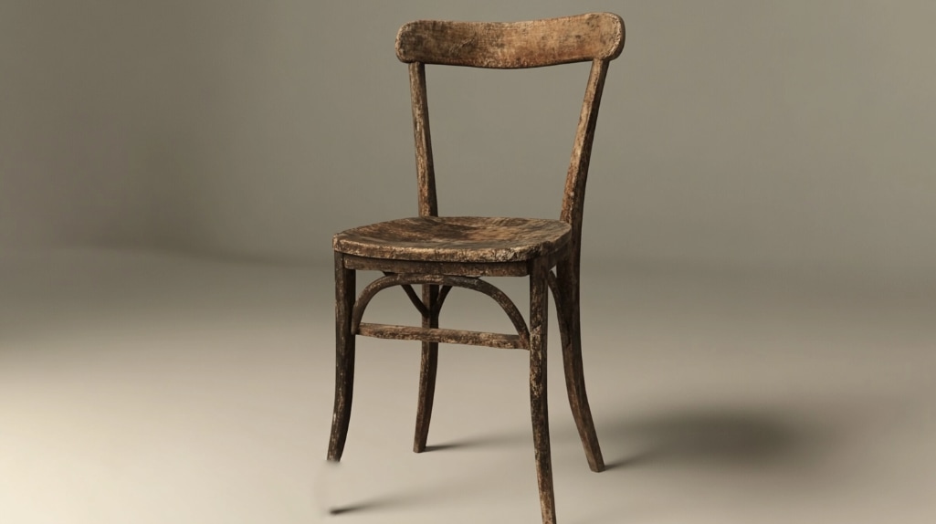 AI art: a bistro style wooden chair with on leg shorter than the others. Plain white background with no other objects.