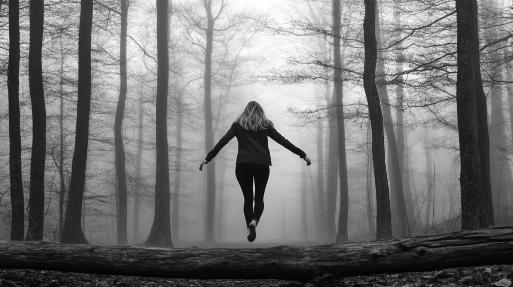 woman leaping over a fallen log in a foggy forest