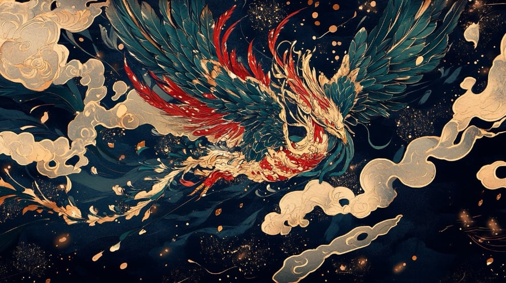 AI art, a phoenix rising in the style of Edo period (1603–1867) Katsushika Hokusai