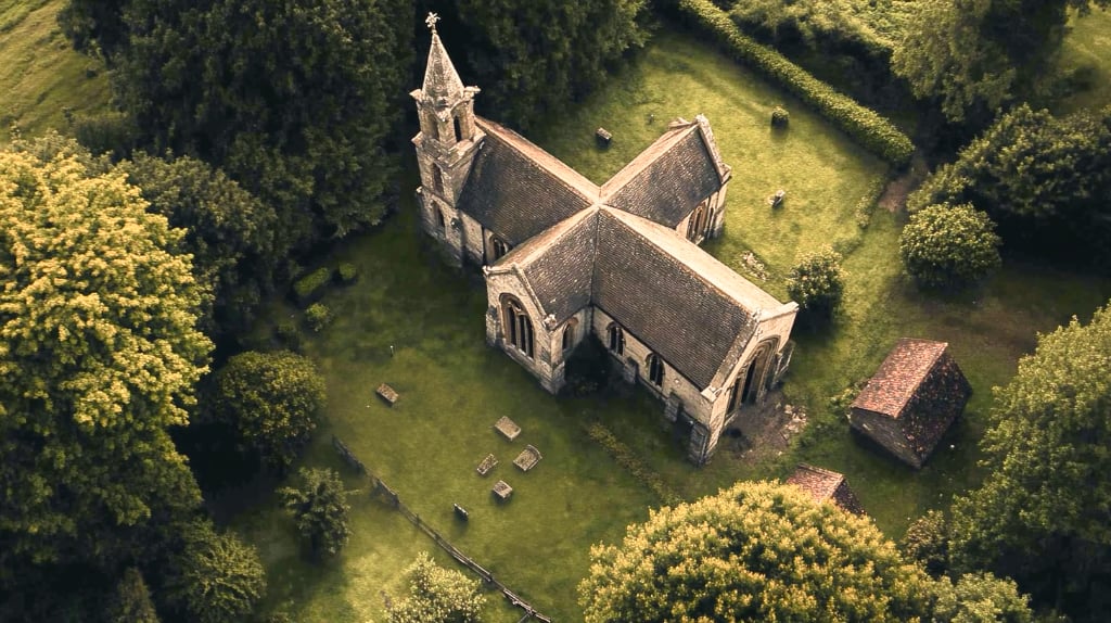 an English church from an aerial view