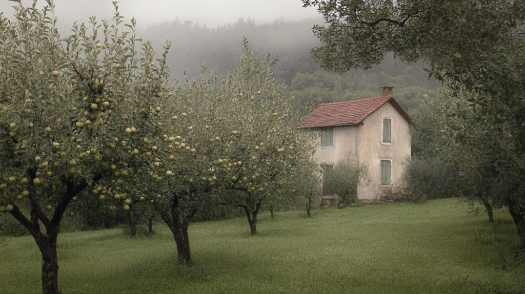 ai art: apple trees with a farmhouse in the background,