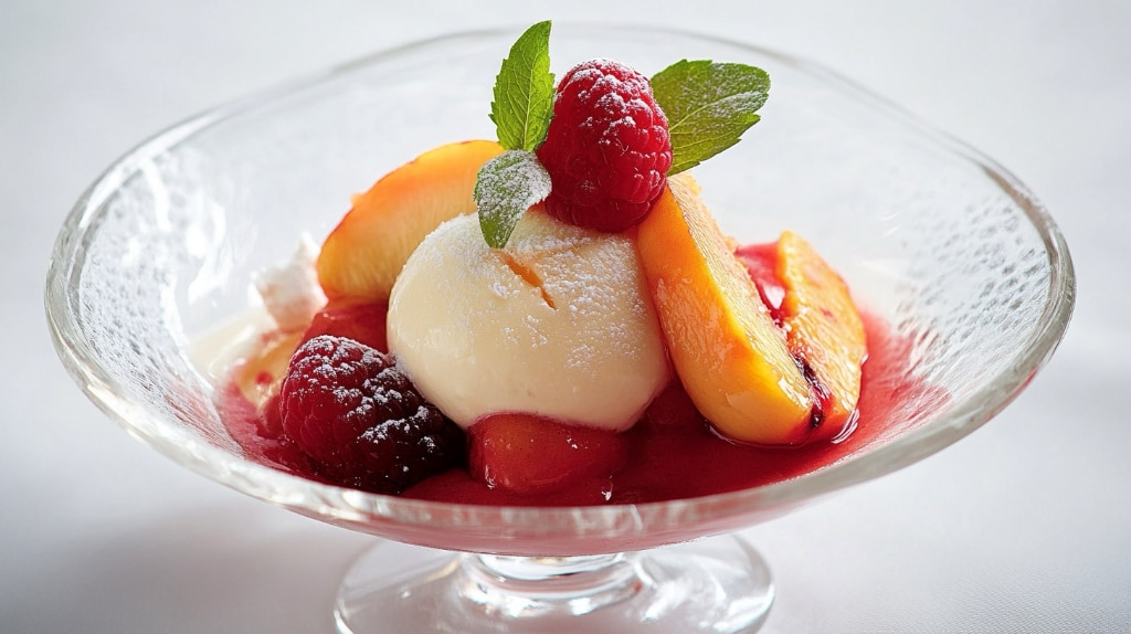 Peach Melba in a glass bowl.