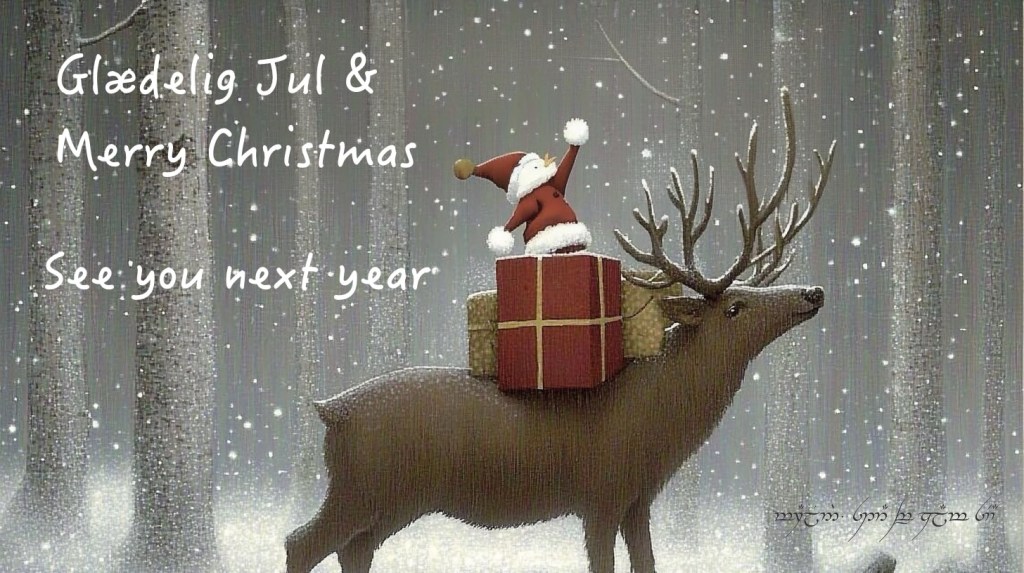 ai art: a mini Santa sitting on gift wrapped packages carried by a reindeer. Snowy winter scene. Wishing readers a merry Christmas and (in Danish) Glædelig Jul