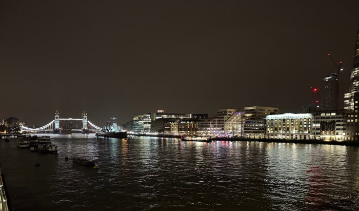 Night view from London Bridge of the Thames and Tower Bridge