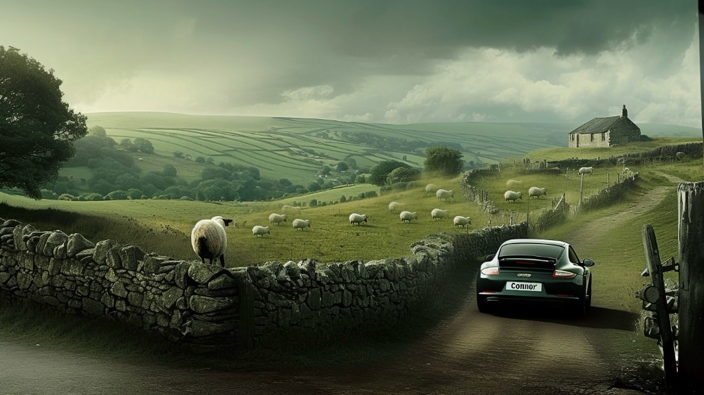 a.i. art, rolling hill of Sussex, springtime, sheep, dry stone walls dividing fields, narrow single-lane dirt road, Porsche 2007 997 series GT2
