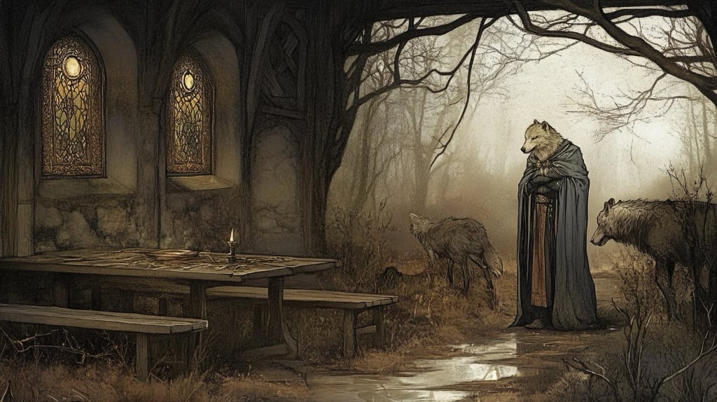 ai art. view from inside a dark Saxon building, wooden, table and benches with lit candle on the table, winter scene outdoors with bare gnarled trees. three wolves stand in the doorway