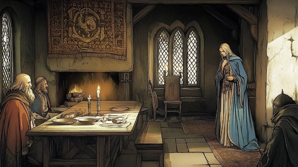 ai art: medieval hall with beared men sitting at a candle-lit table, fire in fireplace, woman standing the corner