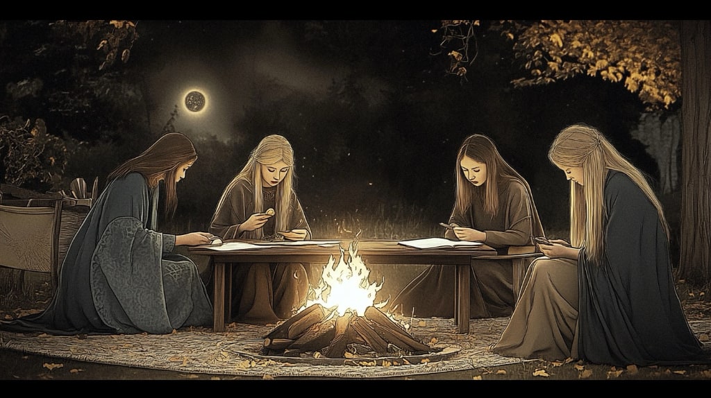 four weavers (known as witches) weaving spells into fabric, and sitting around a fire.