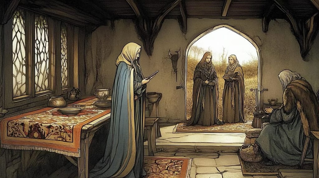 a.i. art midjounrey, scene of two woman standing at the open door, winter and bare trees, one woman in long cloak in front of table with woven tapestry. 