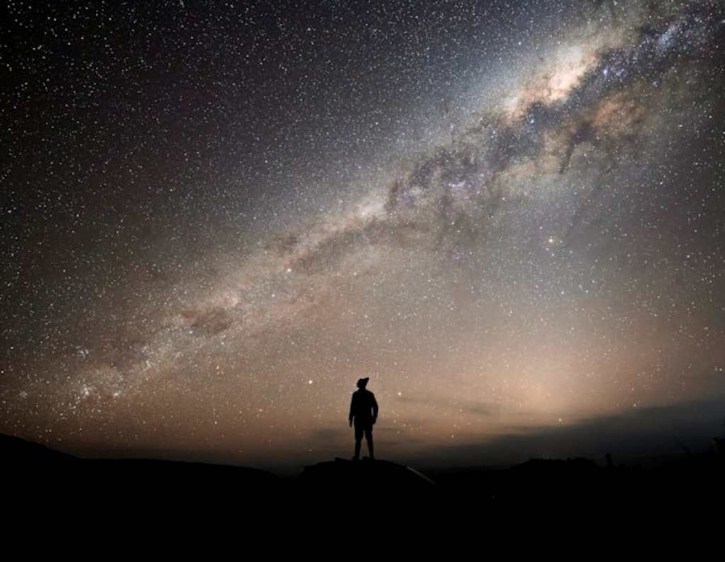 Man standing in the outdoors looking at the night sky and the Milky Way