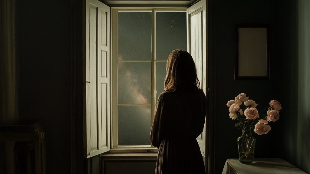 woman standing at a tall window, looking at the Milky Way in the night sky.