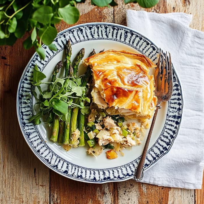 chicken, leek and asparagus pie with filo pastry