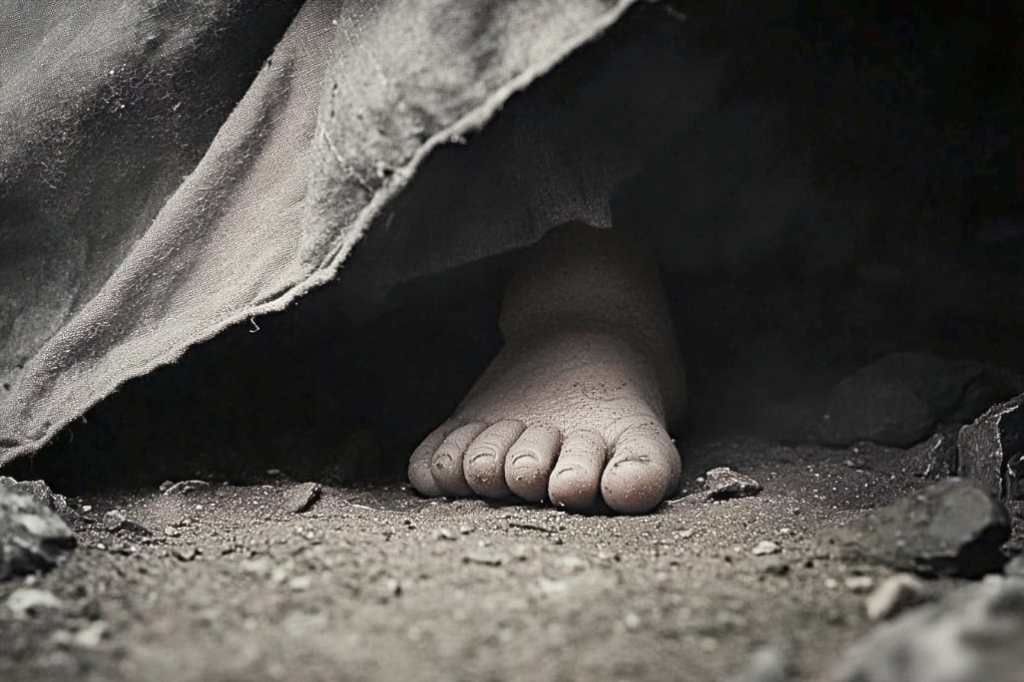 a close-up photograph, primarily in shades of gray, with a somber and intimate feel. It focuses on a child's foot, partially visible beneath the edge of a draped cloth, resting on what appears to be rough, uneven ground.