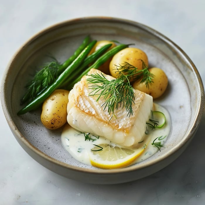 cod with new potatoes, beans and mustard sauce