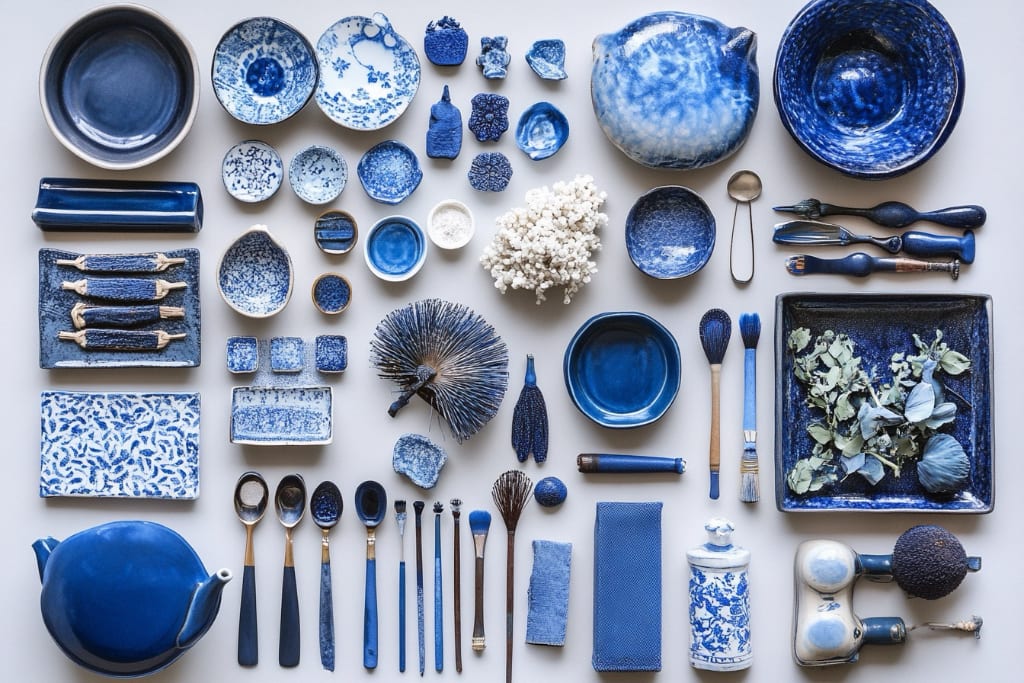 ai knolling diagram of all things indigo blue