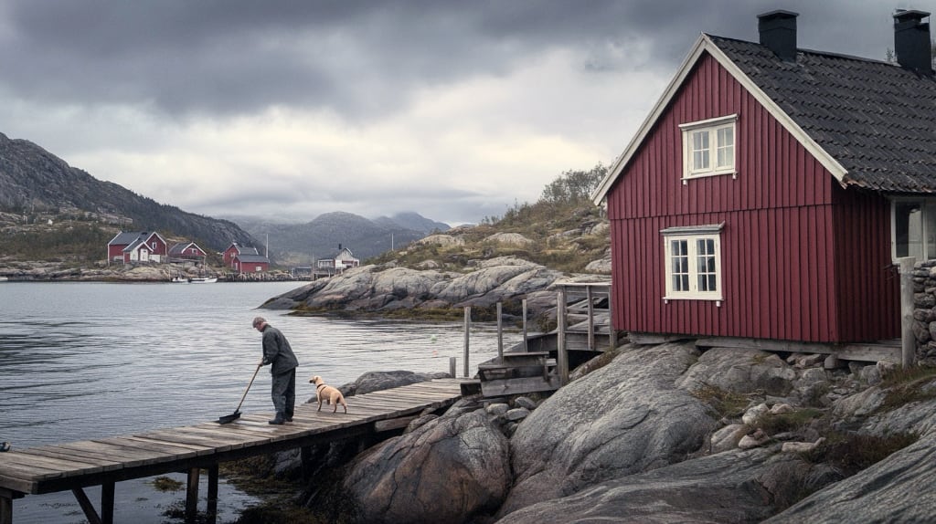 ai art: norwegian scenery, soft smooth rock formations, sea shore, clouds, man sweeping the dock that leads out into the water