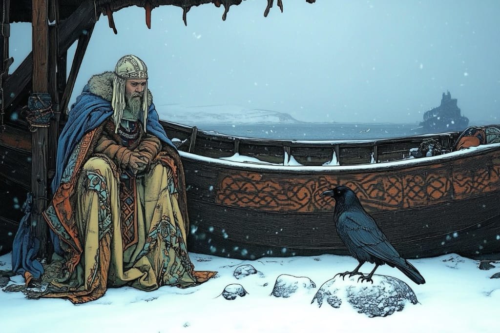 a.i. viking sitting next to ice bound boat with a crow looking at him