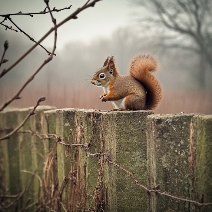 a red squirrel on the fence