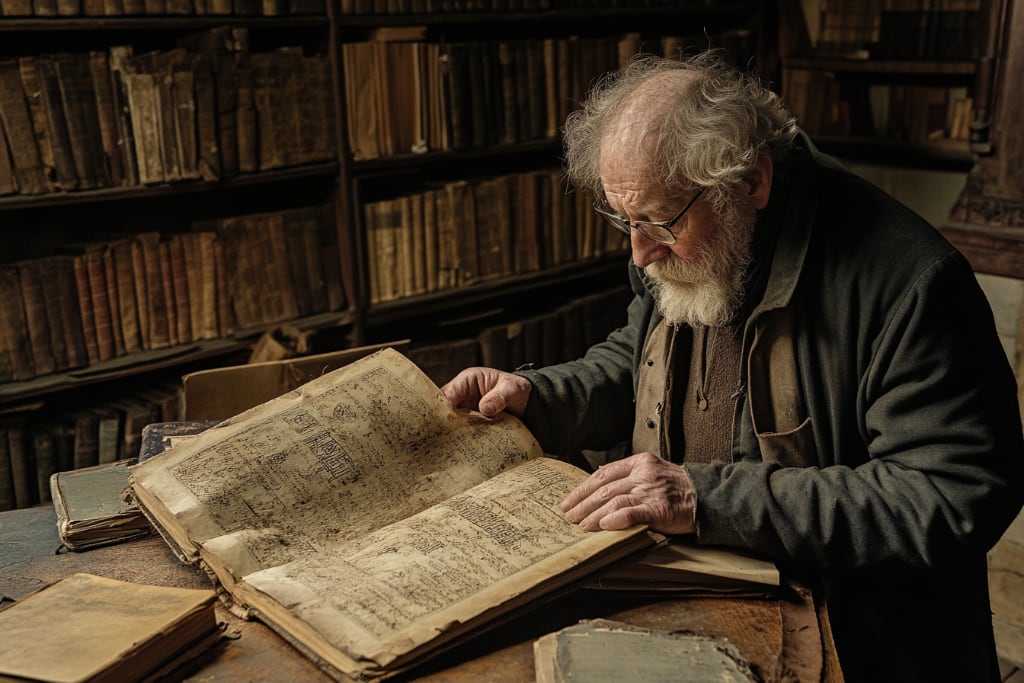 elderly man, scholarly, spectacled, with a wonderfully unkempt shock of white hair and a Gandalf-esque beard—his focus intent on an ancient book. He sits at a table in a library.