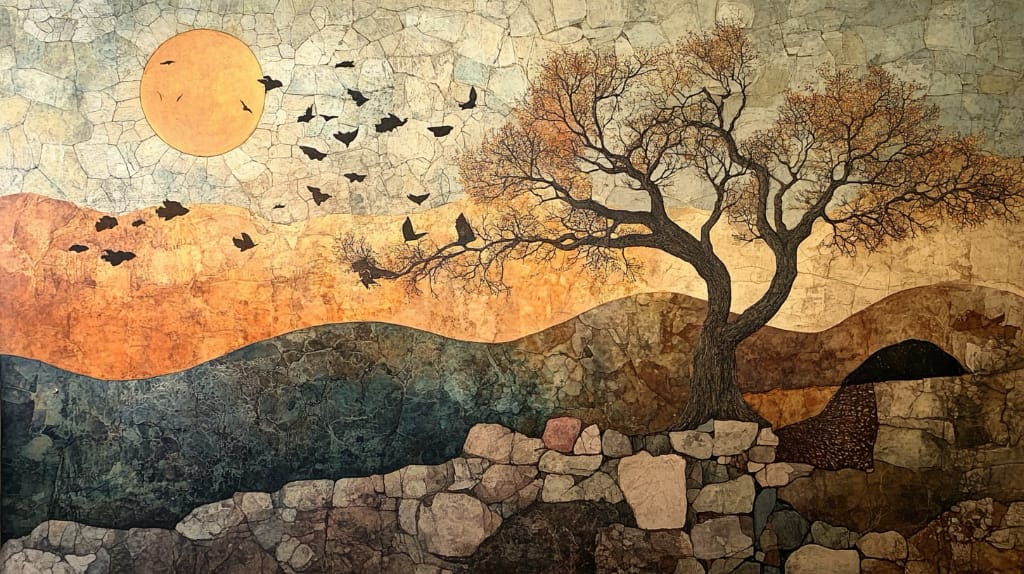 Stone wall, tree with birds flying around it, mountains in the background, sunset sky, textured painting