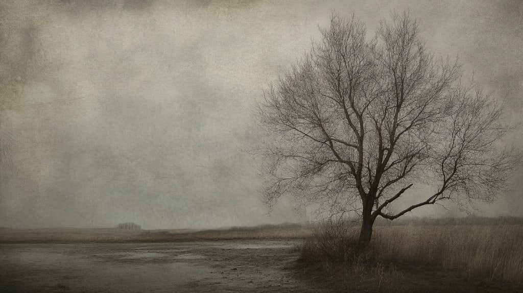 a.i. winter scene of cold grey and a bare tree in a flooded landscape