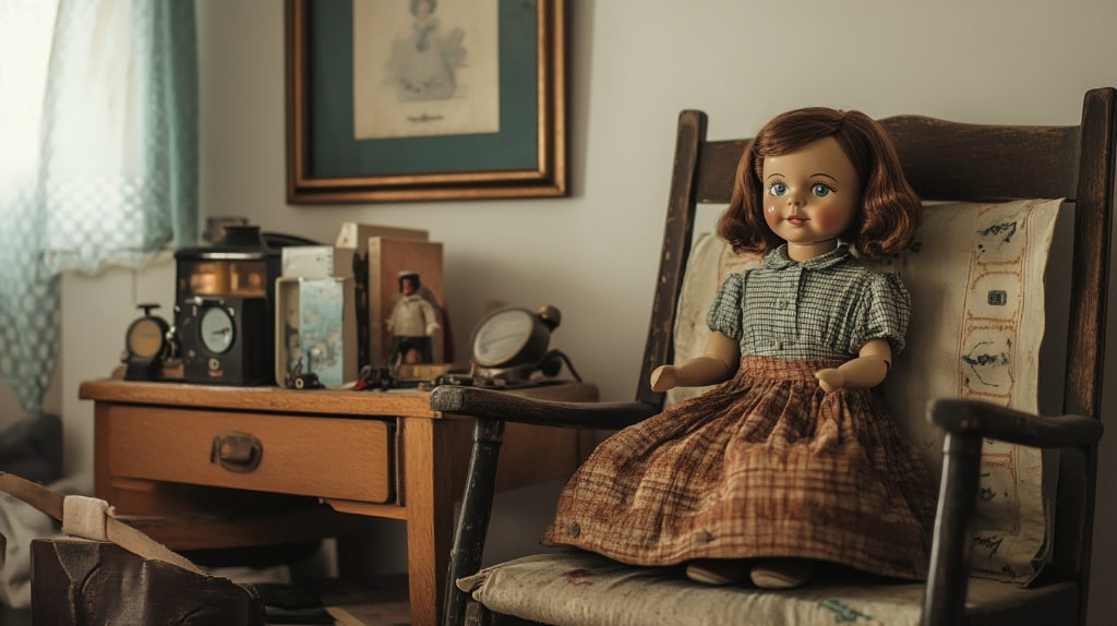 a.i. The image features a vintage doll in a plaid dress, seated in a rocking chair next to a small table with antique items.