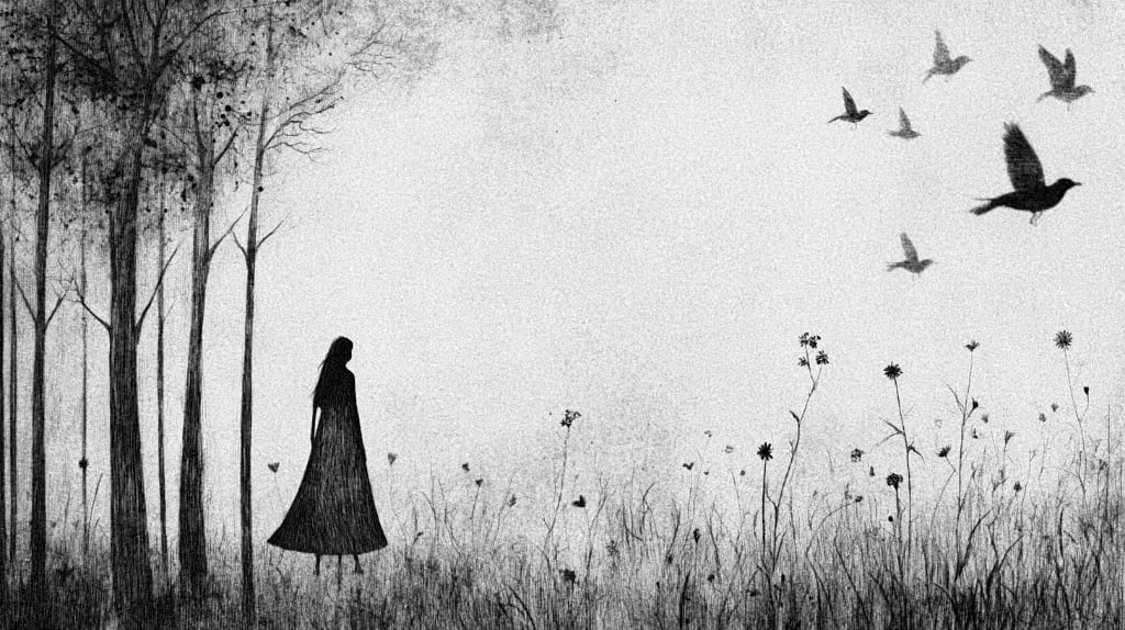 B&W AI image of a forest with wildflowers and birds in the air, springtime, and a woman walking through the forest. (style: fine line pencil drawing)